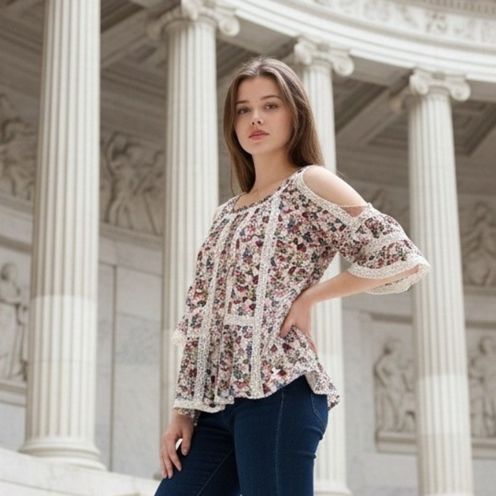 Anthropologie S Blue Tassel‎ Peasant Floral Lace Cold Shoulder Blouse Top Oversz